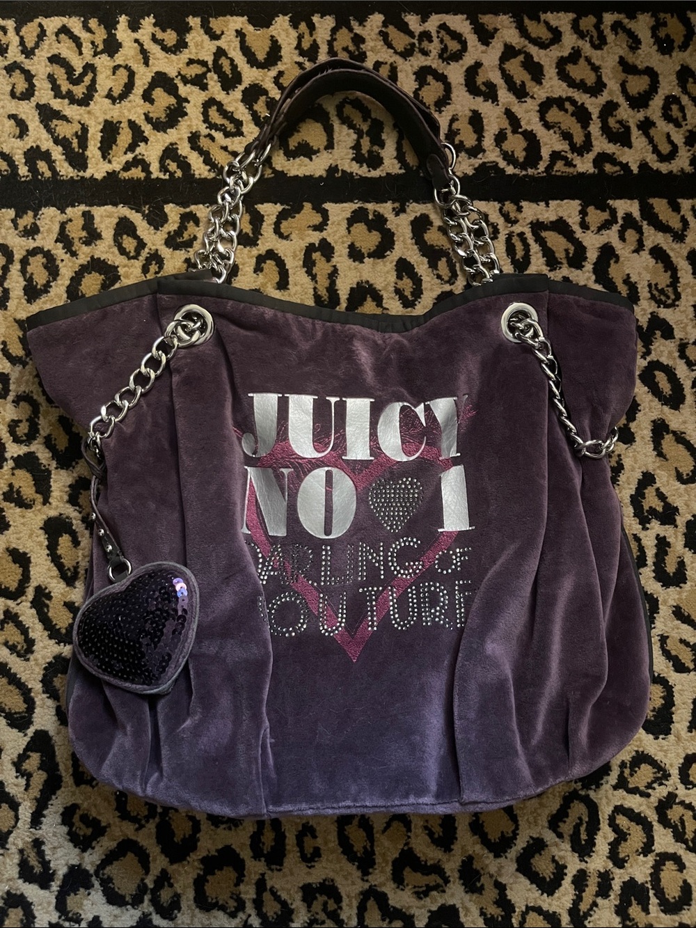 Y2K Juicy Couture Purple Velvet Tote with Heart Charm and Chain Handles